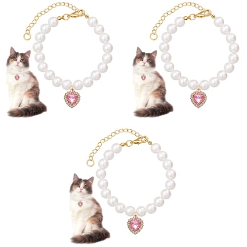 Qpets® Jewelry Cat Collar Pet Necklace with Pink Rhinestone Heart Charm Pearl Adjustable Puppy Valentine's Day Gift Photography Prop S 20-25CM 3 PCS Qpets® Jewelry Cat Collar Pet Necklace with Pink Rhinestone Heart Charm Pearl Adjustable Puppy Valentine's Day Gift Photography Prop S 20-25CM 3 PCS